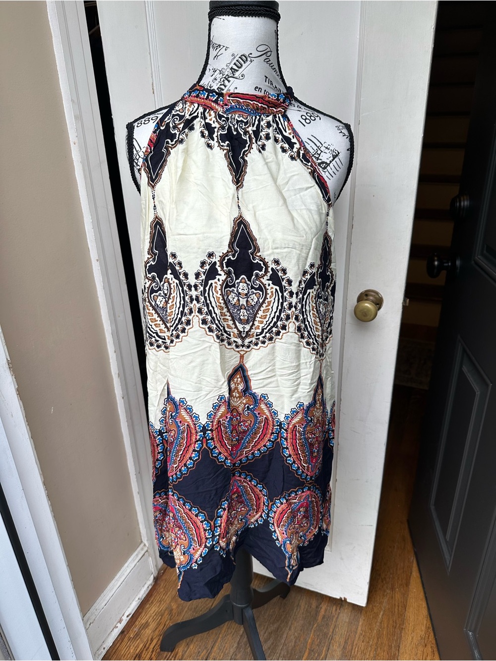 Women’s Large Paisley Halter Maxi Dress Cream Navy Boho Tie Neck Sleeveless